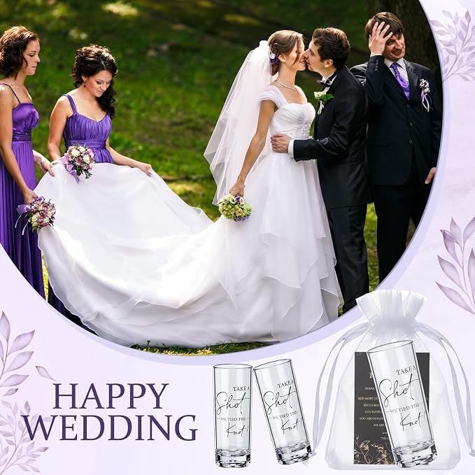 Sliner 50 Set Wedding Favors for Guests Bulk 2oz Acrylic Take a Shot We Tied the Knot Shot Glasses with Thank You Cards Organza Bags for Guest Souvenir Wedding Bridal Shower Gifts (Clear,Black)