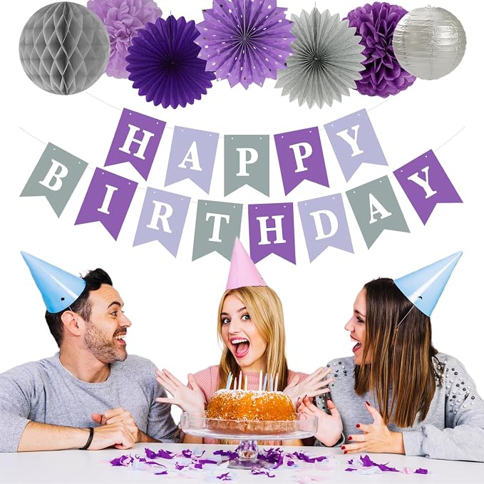 Lavender-Purple Silver Birthday Party Decorations - 19pcs Lilac Women Girls Streamers Banner,Paper Star Garland Lanterns Honeycomb Fan,Tissue Pom Poms,Wall Ceiling Backdrop Supplies Ouruola