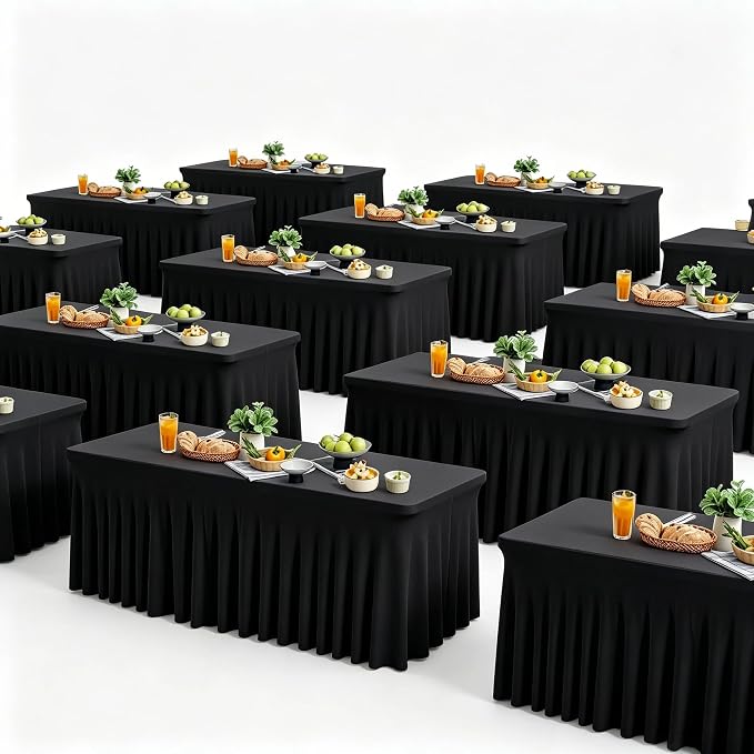Wish Care 12 Pack Black Spandex Table Clothes for 6 Foot Rectangle Tables, 6FT Wrinkle Free Fitted Tablecloths Ruffles Design Table Cloth for Party, Banquet, Wedding and Events
