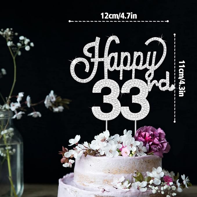 LINGTEER Happy 33rd Birthday Silver Rhinestone Cake Topper - Cheers to 33rd Birthday 33 Years Old Anniversary Party Cake Centerpieces Topper Decorations Gift Sign.