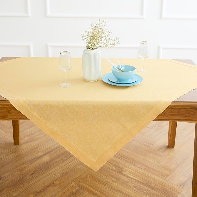 Solino Home Linen Cloth Tablecloth 52 x 52 Inch - 100% Pure Linen Chambray Mustard Square Tablecloth - Athena, Machine Washable Table Throw for Summer