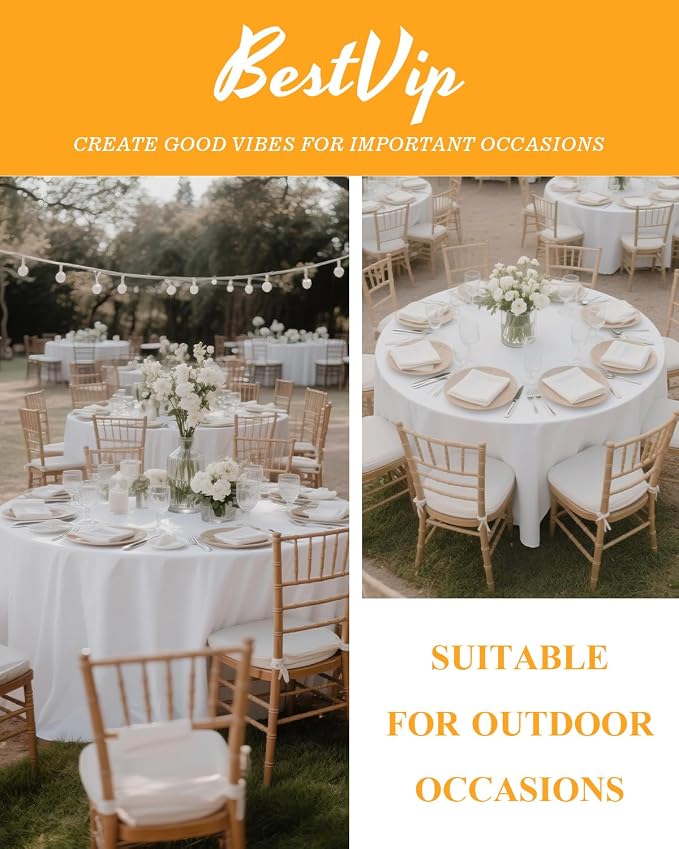 BESTVIP 6 Pack 90" White Washable Round Polyester Fabric Tablecloths | Fits 36"-66" Tables | Polyester Washable Fabric for Wedding Party Dining Banquet, Events, Holiday, Restaurant
