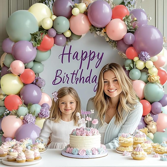 Dusty Green Purple Pink Yellow Balloons Arch Kit, Double Stuffed Pastel Balloon Garland with Lavender Lilac Yellow Green Red Latex Balloons for Birthday Baby Shower Wedding Anniversary Decorations.