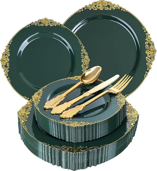 125PCS Green Plastic Plates - Green and Gold Disposable Plates - Fancy Vintage Plate with Gold Plastic Silverware Set for 25 Guests for Party Wedding Spring