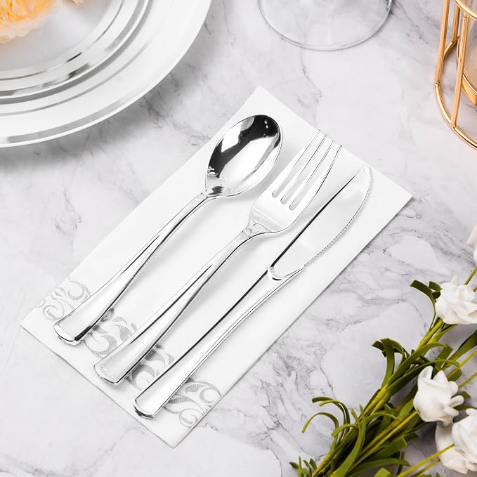 BESTVIP 100 Pack Disposable Paper Napkins, 3-Ply Dinner Napkins with Silver Trim for Guests, Bathroom Paper Hand Towels Soft & Absorbent, Perfect for Christmas, Kitchen, Dinner, Party, Wedding, Event