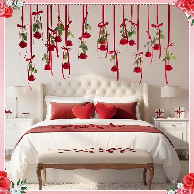 Sliner 25 Pcs Artificial Rose Flowers Hanging Decorations, Dangling Flowers Garland with Hooks Spring Party Decorations Hanging Flower Ceiling Decoration for Wedding Party Spring Home Birthday(Red)