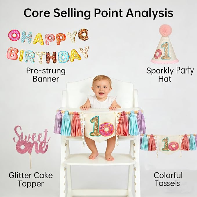 Donut Sweet One Birthday Party Decorations for Girl-Sweet One High Chair Banner Set with 1st Birthday Hat One Cake Topper