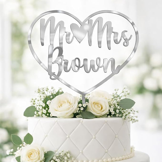 Personalized Mr. & Mrs. Wedding Cake Topper – Custom Bride & Groom Cake Decoration – Elegant Wedding Décor, Anniversary, Engagement Party (Design 6 (IP111), Silver Mirror)