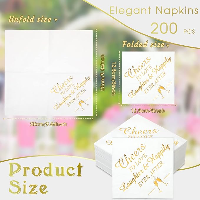 200 Pcs Wedding Napkins for Reception Disposable Bridal Shower Napkins Gold Foil Wedding Decorations Mr and Mrs Napkins for Engagement Party Decoration Cocktail Beverage Dessert (Delicate Styles)