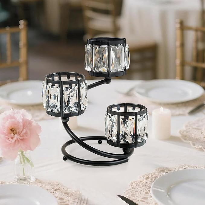 Metal 3 Arm Crystal Candle Holder - Tea Light Centerpiece Candle Holder, Votive Holder with Sparkling Crystal Bowl, Suitable for Wedding, Table Centerpiece, Home Decor (2, 3 arm-Black)