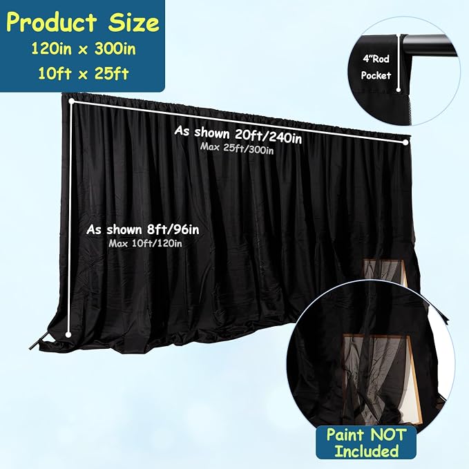 Extra Wide Two Layers One Piece Trade Show Booth Backdrop, Black, 25x10ft | Chiffon Tulle & Polyester, Extra Wide Blackout Curtains, Theatrical Backdrops