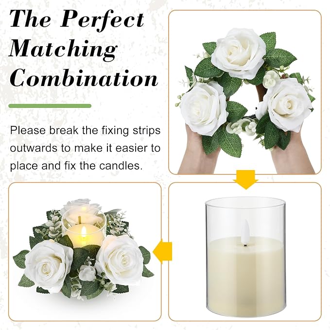 Yunlly 32 Pcs Rose Candle Rings with Flameless Candles Sets, Artificial Flower Eucalyptus Wedding Centerpiece 3 Inch Pillar Candleholders Wreaths for Wedding Party Mother's Day (White)