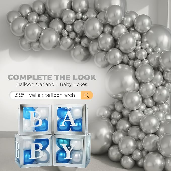 44-Piece Baby Shower Decorations for Boy or Girl - 4 Boxes with Letters and 32 Balloons - Stylish Silver and Blue - Gender Reveal Party Supplies - Photo Shoot Backdrop Prop