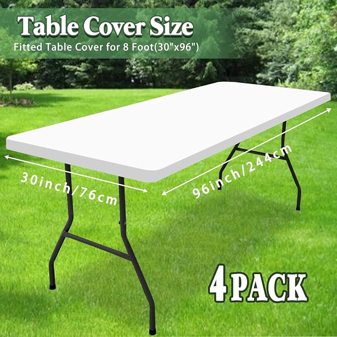 4 Pack Picnic Table Cover Fitted Tablecloths 8 Foot Rectangle Tables Elastic Waterproof Stretch Washable Patio Folding Outdoor Spandex Table Cloth for Camping Banquet and Parties (White,30" x 96")