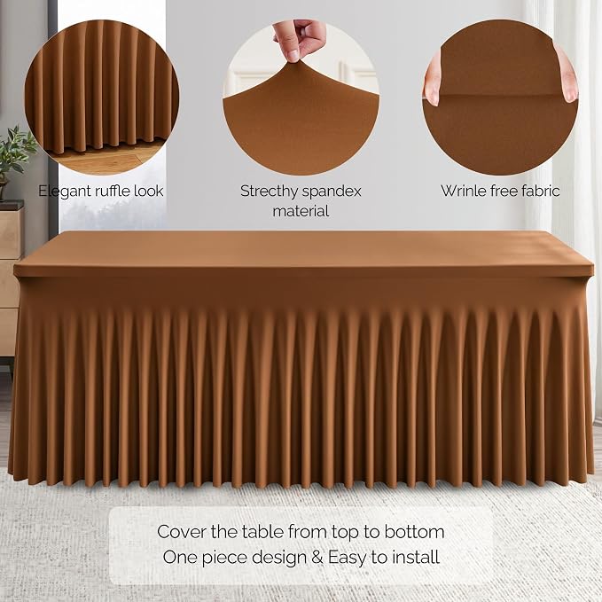 Wish Care 2 Pack Brown Spandex Table Clothes for 8 Foot Rectangle Tables, 8FT Wrinkle Free Fitted Tablecloths Ruffles Design Table Cover for Party, Banquet, Wedding and Events
