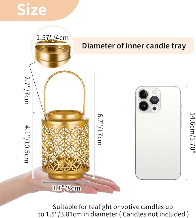 NUPTIO Gold Lanterns for Wedding Centerpieces: 6 Pcs 4.1inch Hanging Metal Tealight Holders Bulk Decorative Mini Tea Lights Indoor Candle Lantern for Thanksgiving Diwali Ramadan Decor (Style 1)
