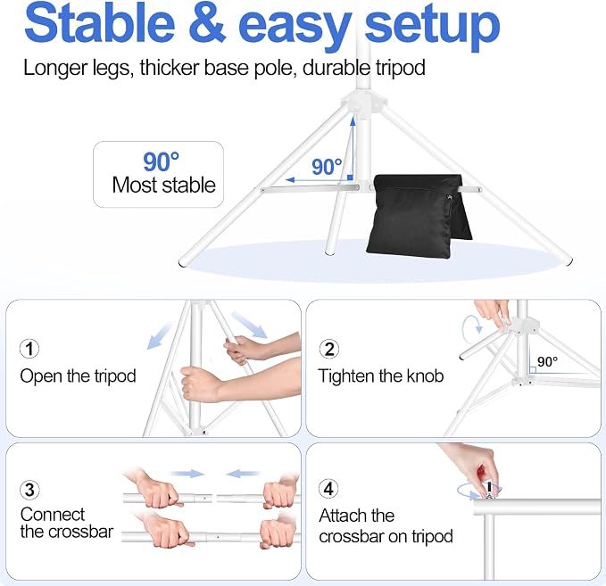EMART Backdrop Stand 10x8.5ft(WxH) Photo Studio Adjustable Background Stand Support with 2 Crossbars, 6x6Inch Clamps, 8 Black Clamps 2 Sandbags and Carry Bag for Parties Wedding, Photography -White