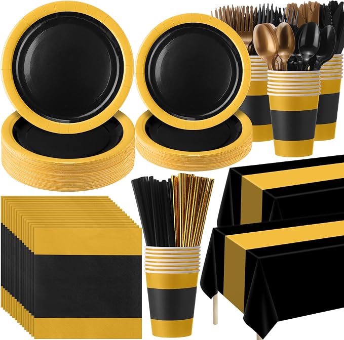 Funnymoom 452 Pcs Black and Gold Party Supplies for 50 Guest, Black Gold Paper Plates Cups Napkins Tablecloth Cutlery Straw Tableware Set for Graduation Birthday Retirement Wedding Party Decoration