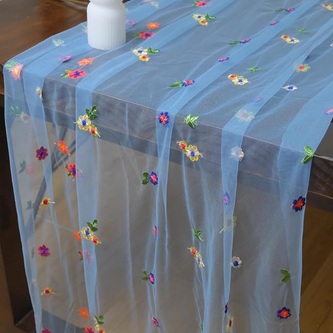 Set of 3 Flower Table Runner 10ft, 29 * 120 Inch Blue Table Cloth Sheer Tulle Table Cover,Embroidery Daisy Table Runner for Wedding Party Baby Shower Birthday Home Decor