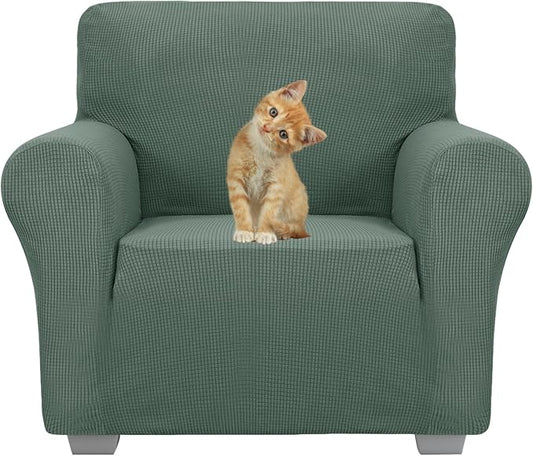 JIVINER Super Stretch Chair Slipcovers with Arms 1-Piece Jacquard Small Checks Living Room Armchair Covers Soft Anti Slip Sofa Couch Furniture Protector for Kids Pets (Chair, Pea Green)