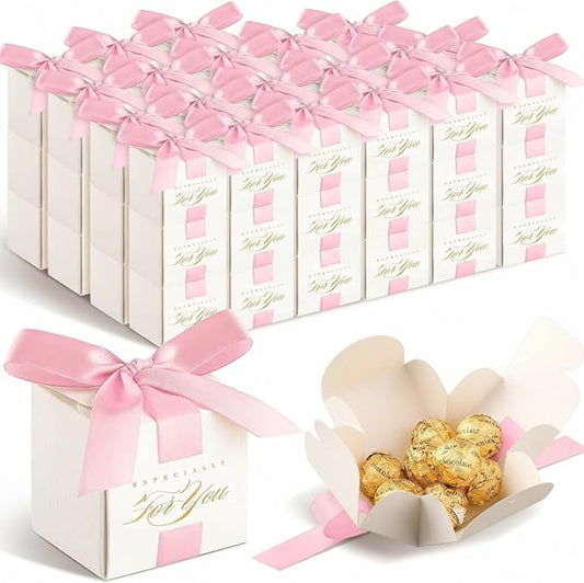 Zhanmai 60 Pcs Wedding Favor Boxes 2.5 x 2.5 x 2.5 Inch Mini Small Gift Boxes Candy with Ribbon Wedding Souvenirs for Guests Thank for You Gift Bridal Shower Party Favor(Pink)