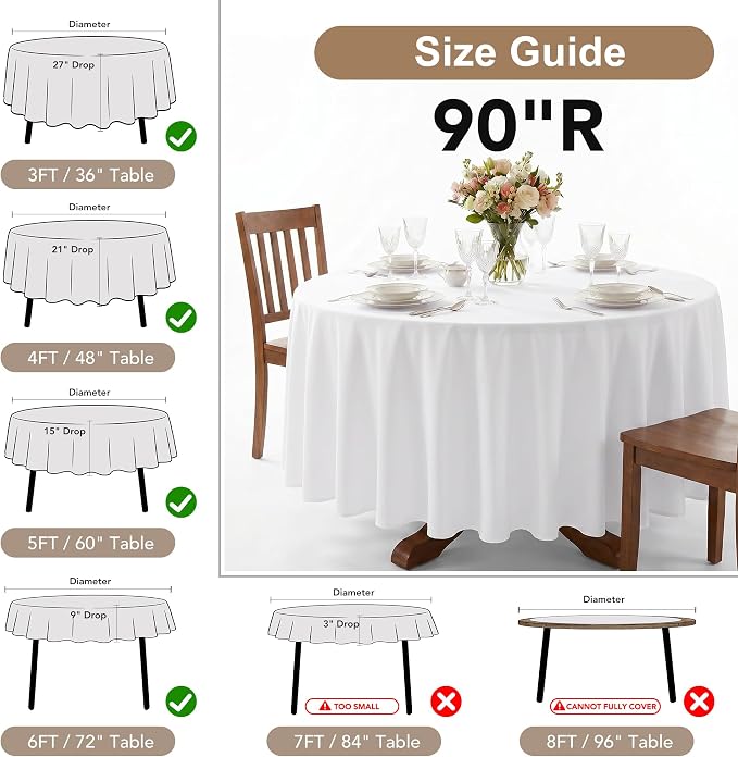 Fitable 6 Pack White Round Tablecloths - 90 Inches Round - Wrinkle and Stain Resistant Fabric Table Clothes, Washable Polyester Table Covers for Wedding, Party, Banquet, Formal Events