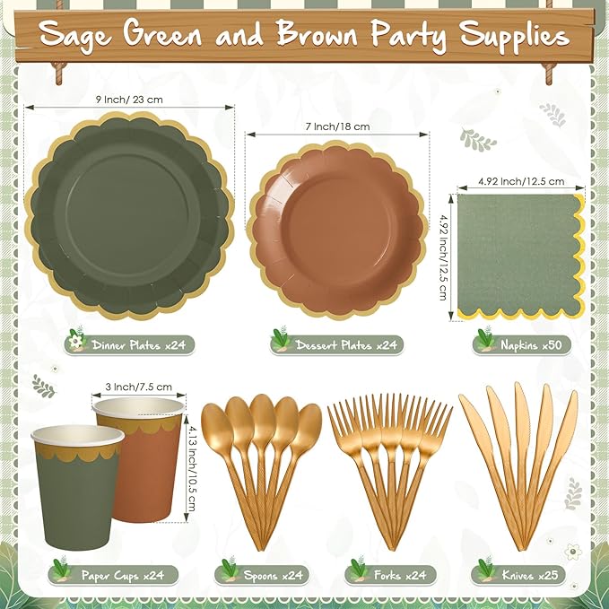 Mimorou 169 Pcs Sage Green and Brown Plates and Napkins Party Supplies for Guests Woodland Baby Shower Tableware Include Scalloped Plates Paper Napkin Cup Spoon Fork Knife for Wedding, Birthday