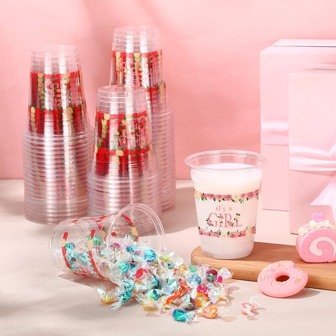 Funnymoom 60 Pack Floral Baby Shower Cups 12 oz It's a Girl Pink Floral Disposable Clear Plastic Drinking Cups for Baby Shower Gender Reveal Birthday Party Decorations Supplies