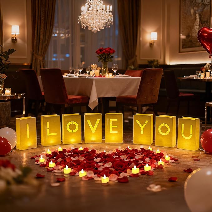 Valentines Day Decorations, Special Night Romantic Decorations - I Love You Light Up Letters Luminary Bags with Bright Flameless Tea Candles and Fake Rose Petals, Happy Anniversary