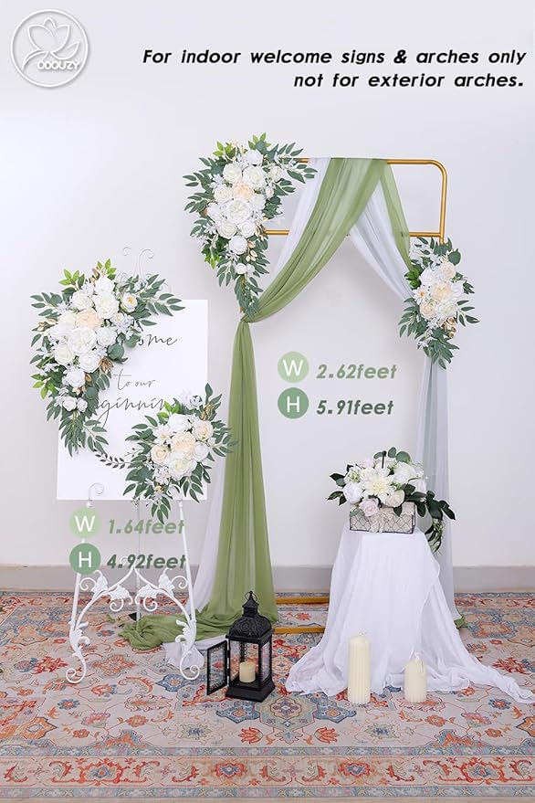 Odouzy Pack of 2 Wedding Arch Decorations Artificial Hanging Flowers Floral Swag for Wedding Welcome Sign Backdrop Balloon Arch Home Party Bridal Ceremony Reusable(White)