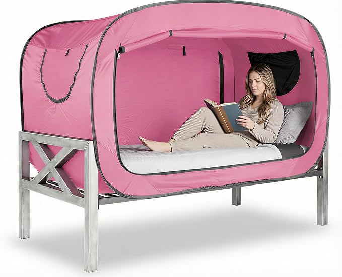 ANC POP Bed Tent Twin Bed Canopy Portable Dream Tent for Adult Indoor Sleeping Tents with 2 Doors Breathable Private Space Tents, Pink