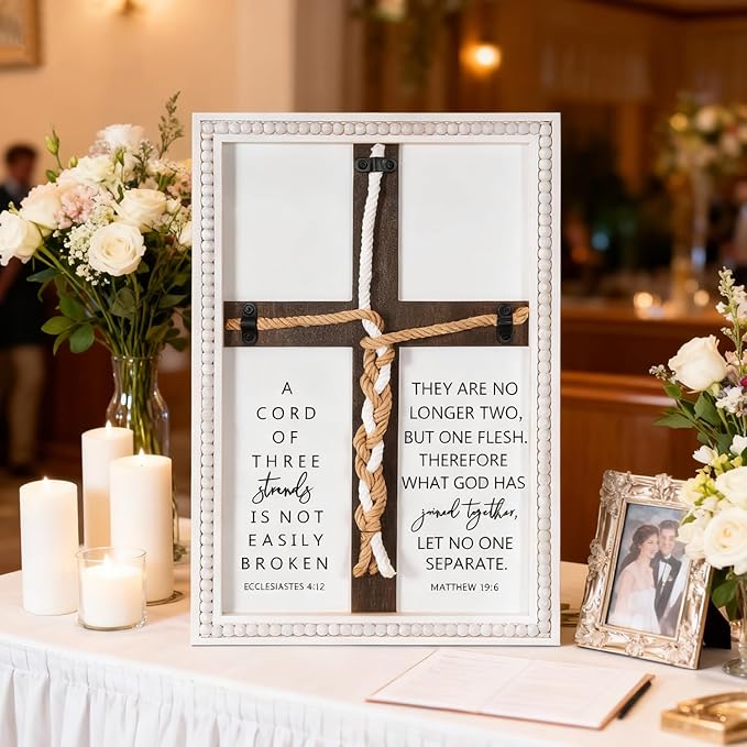 Farmhouse A Cord of Three Strands Wedding Ceremony Sign with Wooden Bead and Hanging Hook, Vintage Rustic Wood Unity Cross for Wedding Ceremony, 11 X 15 Religious Christian Wall Decor Gift for Couple