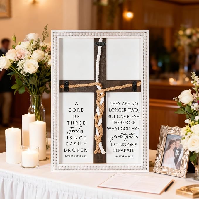 Farmhouse A Cord of Three Strands Wedding Ceremony Sign with Wooden Bead and Hanging Hook, Vintage Rustic Wood Unity Cross for Wedding Ceremony, 11 X 15 Religious Christian Wall Decor Gift for Couple