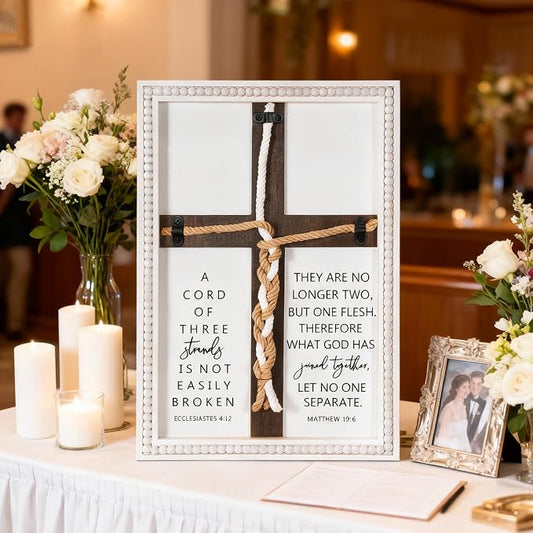 Farmhouse A Cord of Three Strands Wedding Ceremony Sign with Wooden Bead and Hanging Hook, Vintage Rustic Wood Unity Cross for Wedding Ceremony, 11 X 15 Religious Christian Wall Decor Gift for Couple