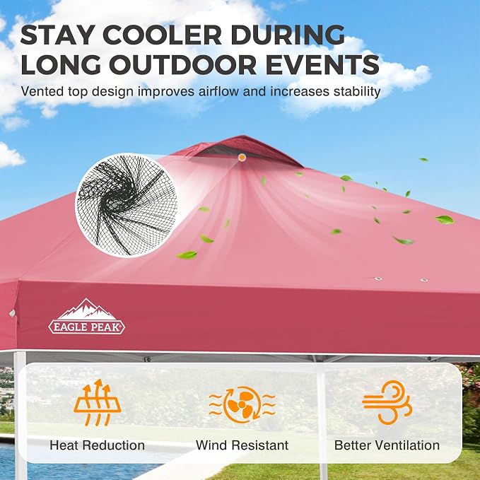 EAGLE PEAK Pop Up Canopy Tent with Wheeled Carry Bag, 8 Stakes, 4 Ropes, 4 Weight Bags, Easy Set Up Tent Canopy, 10x10 ft, 100sqft of Shade, Peach Pink