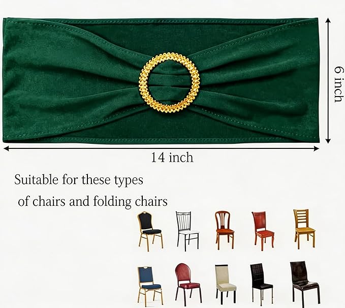 Pack of 50 Spandex Hunter Green Chair Sashes with Gold Buckles, Stretch Chairs Sashes for Wedding Party Baby Shower Decor Chair Bands Bows (Hunter Green Sashes, Gold Buckles)