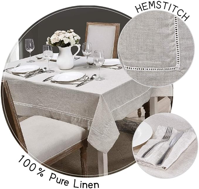 Simple&Opulence Premium 100% Linen Hemstitch Tablecloth-60 x 104 Inch Natural Linen, Natural Fabric, Rectangular Tablecloth for Indoor and Outdoor Use