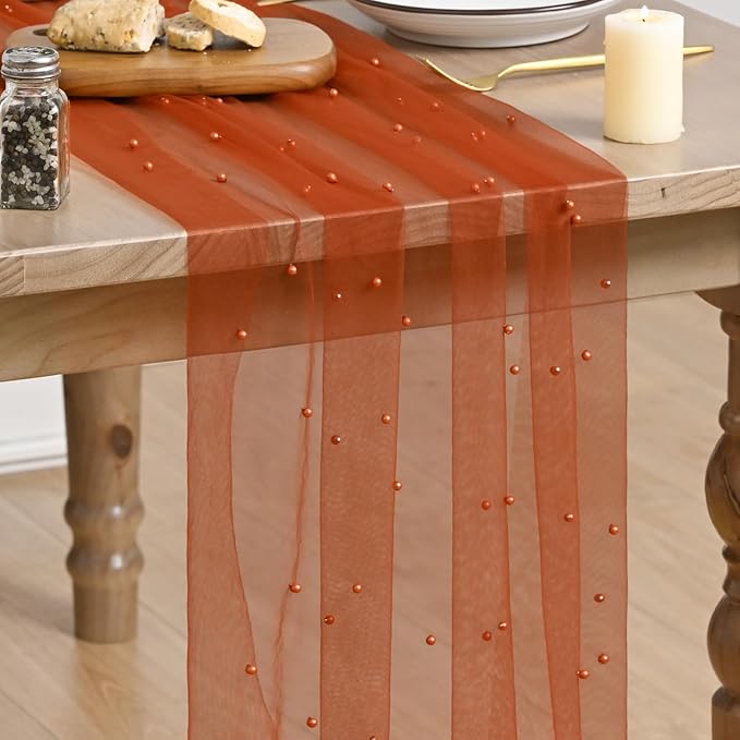 Artoid Mode Pearl Terrcotta Gauze Table Runner 120 Inch 10FT, Seasonal Sheer Dining Holiday Wedding Birthday Baby Shower Table Decor for Home Party