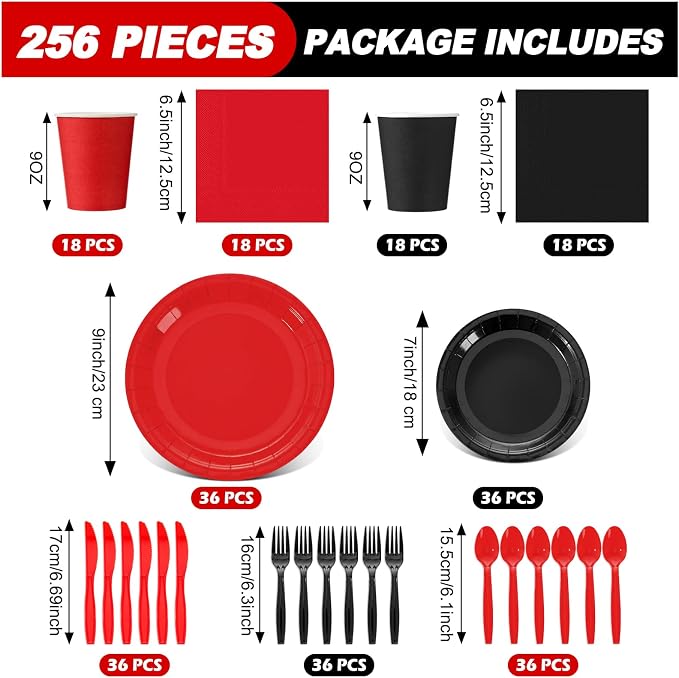 256 Pcs Red and Black Party Supplies Black and Red Birthday Disposable Paper Plates Napkins Plastic Tablecloth Fork Cup Tableware Sets for Birthday Baby Shower Party Decorations