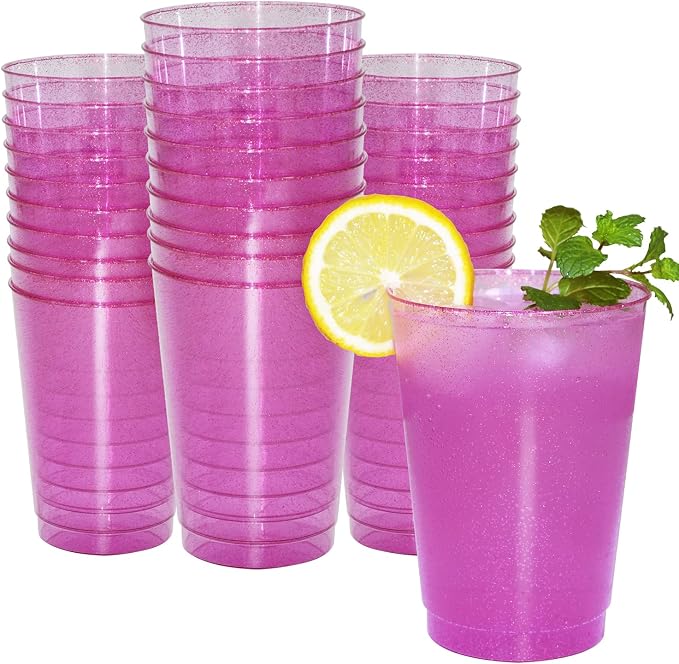 Homy Feel 12 Oz Pink Glitter Plastic Cups - 50PCS Disposable Cocktail & Wine Cups for Wedding & Valentine's Day