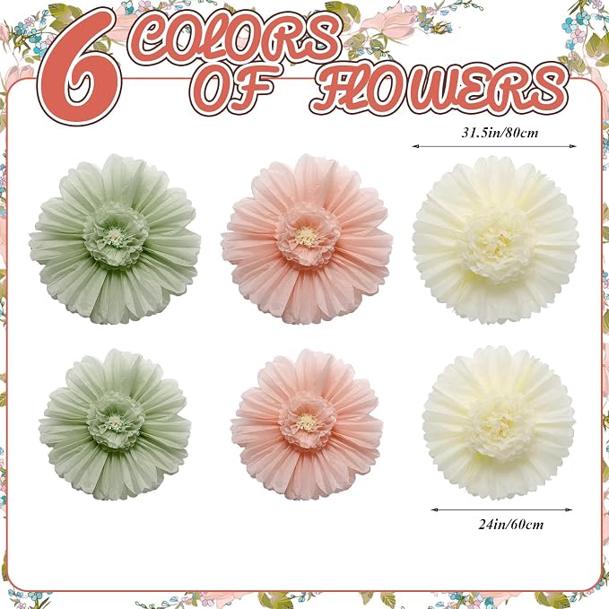 Giegxin 6 Pcs 31.5", 24" Pink and Sage Green Giant Paper Flowers Big Boho Sage Green Crepe Paper Flowers for Wall Decorations Wedding Baby Shower Birthday Bridal Shower Backdrop Classroom Party Decor