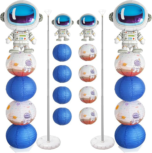Astronaut Balloons Column Stand Kit And Paper Lantern 2 Sets 5.9 Feet with Reusable Metal Telescopic Design， For Outer Space Themed Parties, Birthday