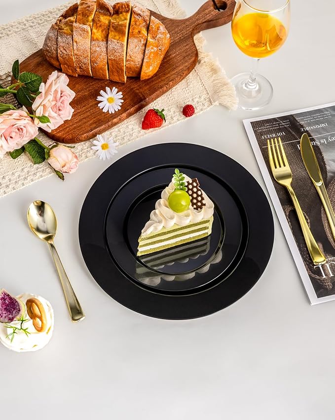 BESTVIP 200PCS Black Plastic Plates, Disposable Party Plates with 100 Dinner Plates and 100 Dessert Plates, Plastic Plates for Party, Wedding, Birthday