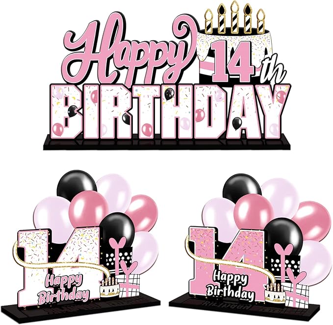 LINGTEER Happy 14th Birthday Pink Acrylic Table Topper Centerpieces Set - Cheers to 14 Years Old Birthday Fourteen Bday Party Gift Decorations.