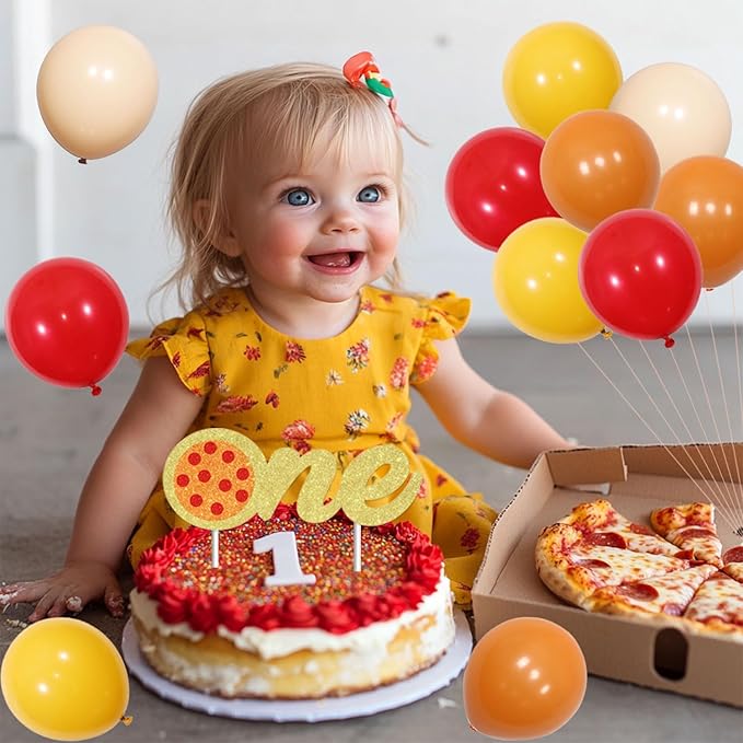 Pizza 1st Birthday Party Decorations - Pizza Theme 1st Birthday High Chair Banner and Photo Banner Slice of Fun Backdrop Fast Food Pizza Cake Topper Red Yellow Balloons for Kids First Bday Supplies