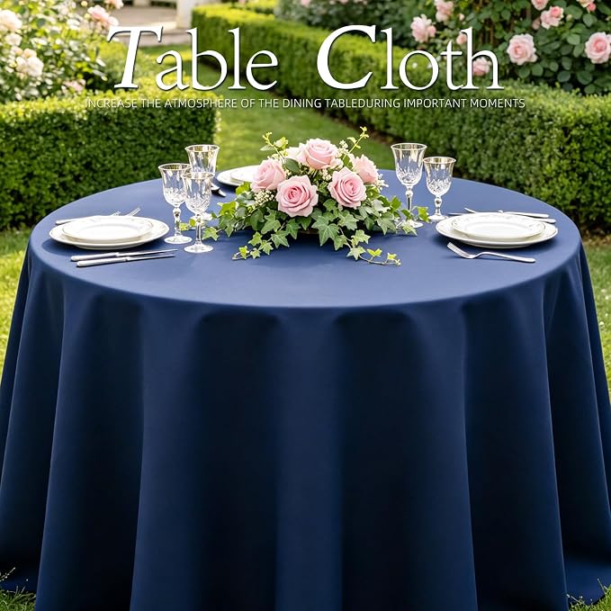 WIGENIUS 2 Pack Blue Table Cloth Round Tablecloths 90 Inch,Polyester Table Cloth for 5 Foot Round Tables,Wrinkle Resistant Washable Fabric Table Covers for Party,Wedding Banquet