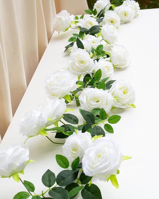 Bendable Artificial Flower Garland Faux Rose Vine Hanging Floral Garland for Wall Decor Trellis Fence Home Room Garden Wedding Decoration(White, 1pcs)