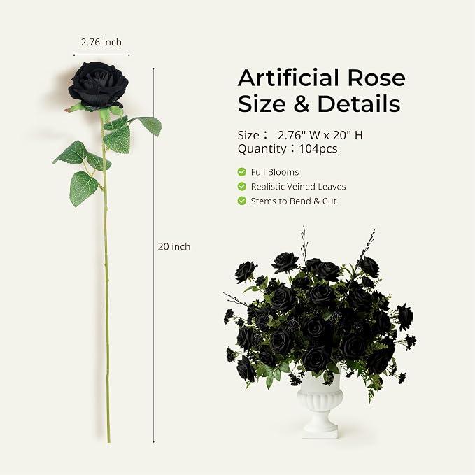 Auihiay 104PCS Black Roses, Realistic Silk Velvet Fake Roses, Vivid Artificial Black Rose Bouquet for Gothic Wedding, Bridal Bouquet, Party Backdrop, Home Decor, Valentine's Day, DIY Floral Crafts