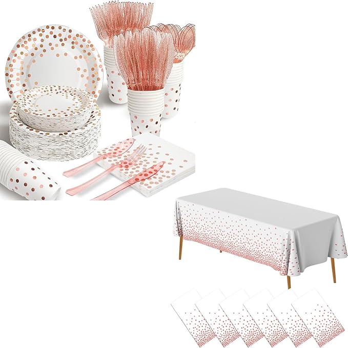 175 Pcs White and Rose Gold Party Supplies, 6 Pack White and Rose Gold Plastic Tablecloths for Rectangle Tables