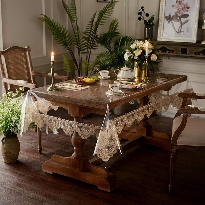ARTABLE Vinyl PVC Rectangle Tablecloth Waterproof Clear Table Cover with Champagne Lace Macrame Border for Wedding Kitchen Home Outdoor Indoor Holidays Party Decor (Champagne, 52 x 70 Inch)